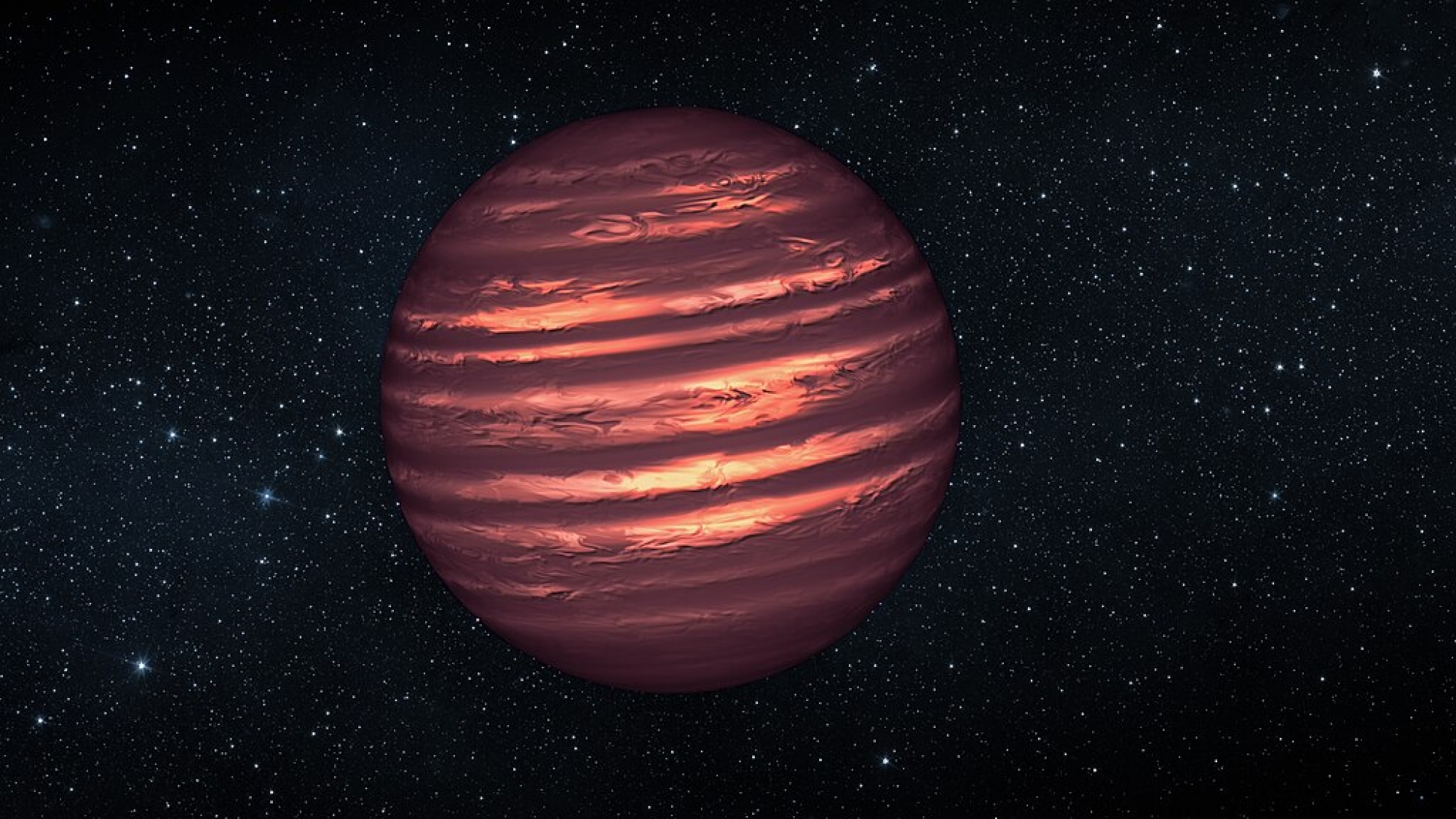 This artist's conception illustrates the brown dwarf named 2MASSJ22282889-431026. NASA's Hubble and Spitzer space telescopes observed the object to learn more about its turbulent atmosphere. Brown dwarfs are more massive and hotter than planets but lack the mass required to become sizzling stars. Their atmospheres can be similar to the giant planet Jupiter's. 

Spitzer and Hubble simultaneously observed the object as it rotated every 1.4 hours. The results suggest wind-driven, planet-size clouds.

Image credit: