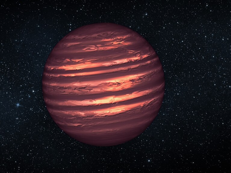 This artist's conception illustrates the brown dwarf named 2MASSJ22282889-431026. NASA's Hubble and Spitzer space telescopes observed the object to learn more about its turbulent atmosphere. Brown dwarfs are more massive and hotter than planets but lack the mass required to become sizzling stars. Their atmospheres can be similar to the giant planet Jupiter's. 

Spitzer and Hubble simultaneously observed the object as it rotated every 1.4 hours. The results suggest wind-driven, planet-size clouds.

Image credit: